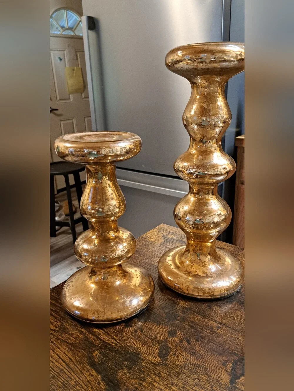 Set Of 2 West Elm Gold Speckled Mercury Glass Orb Pedestal Pillar Candleholders